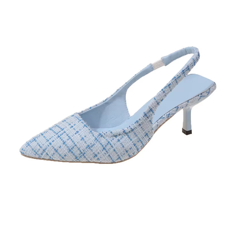 Sea Salt Blue Pointed High Heel Sandals for Women - Back Hollow Design, Versatile Casual Footwear