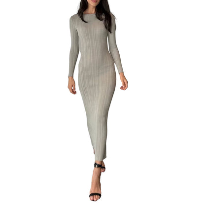 Women's Long Sleeve Ribbed Bodycon Knit Dress in Solid Color for Spring and Autumn