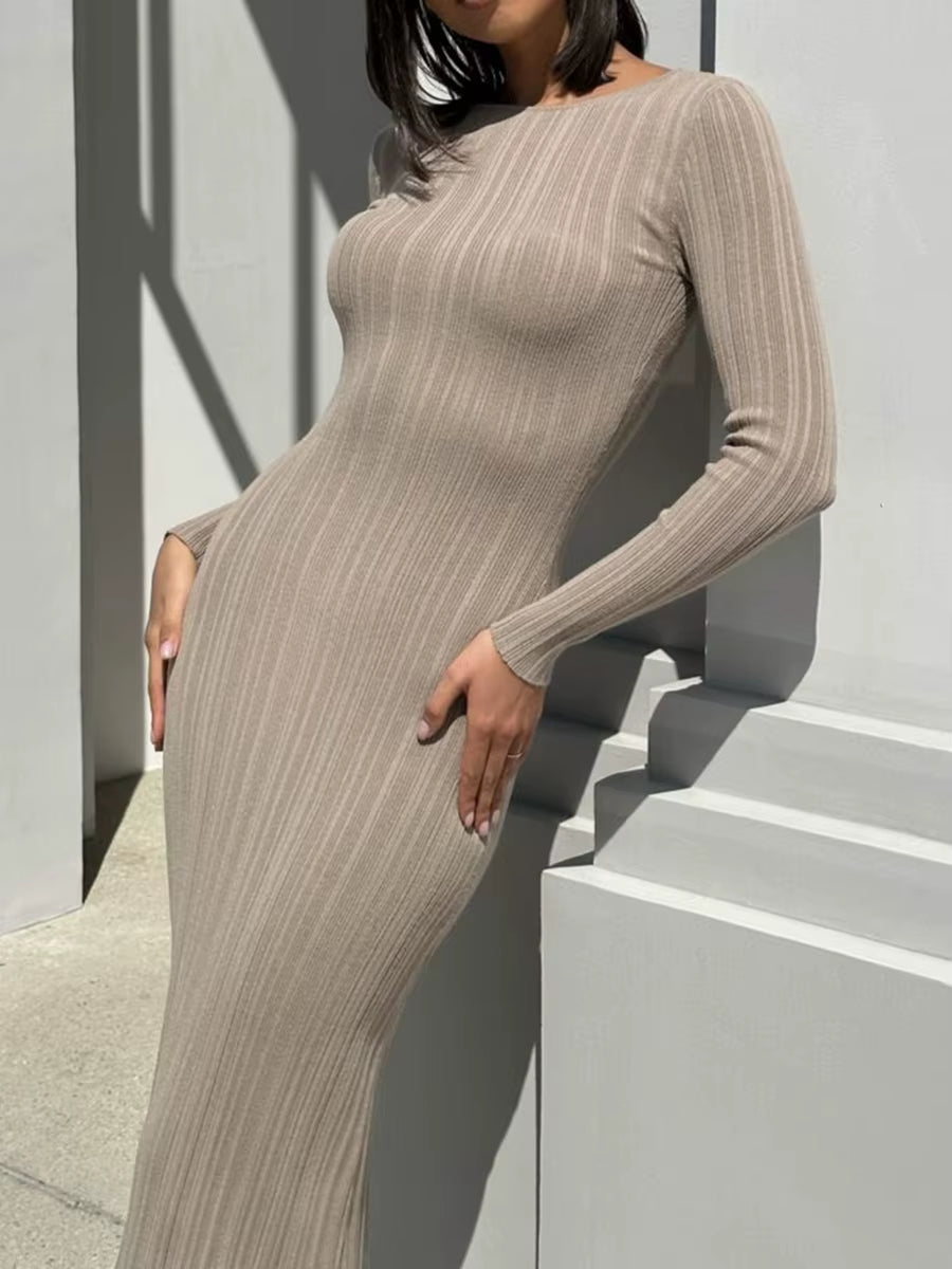 Women's Long Sleeve Ribbed Bodycon Knit Dress in Solid Color for Spring and Autumn