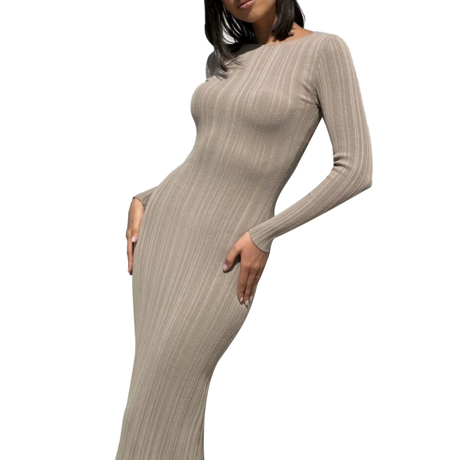 Women's Long Sleeve Ribbed Bodycon Knit Dress in Solid Color for Spring and Autumn