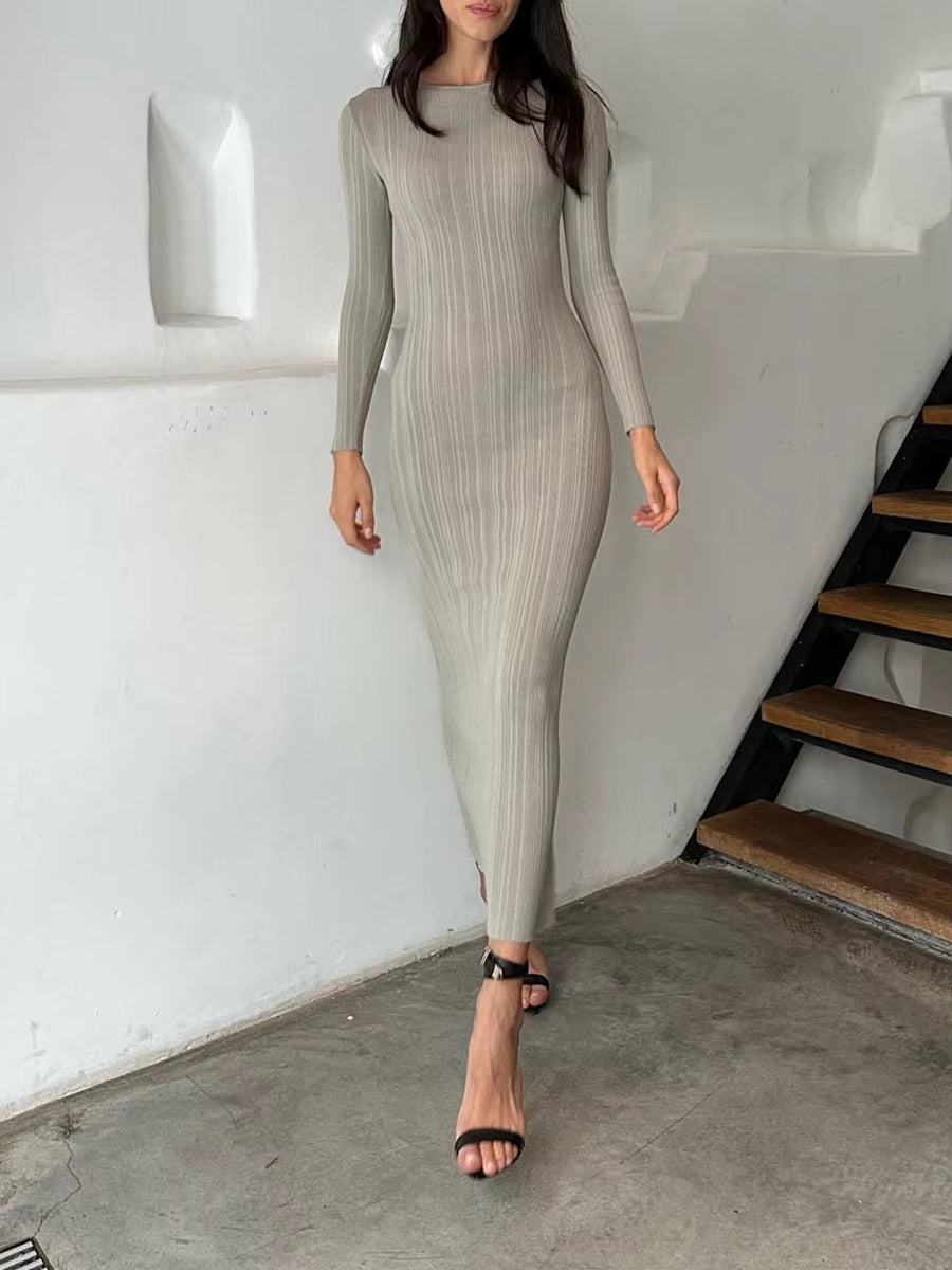 Women's Long Sleeve Ribbed Bodycon Knit Dress in Solid Color for Spring and Autumn