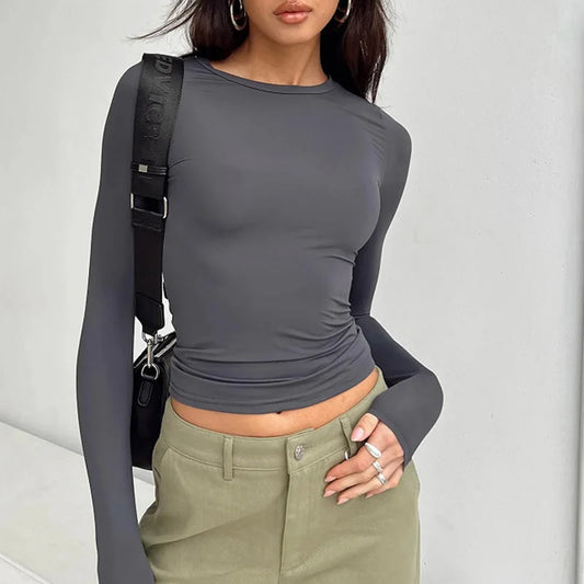 Women's Casual Long Sleeve T-Shirts - Spring and Autumn Solid Slim Fit Pullovers for Streetwear